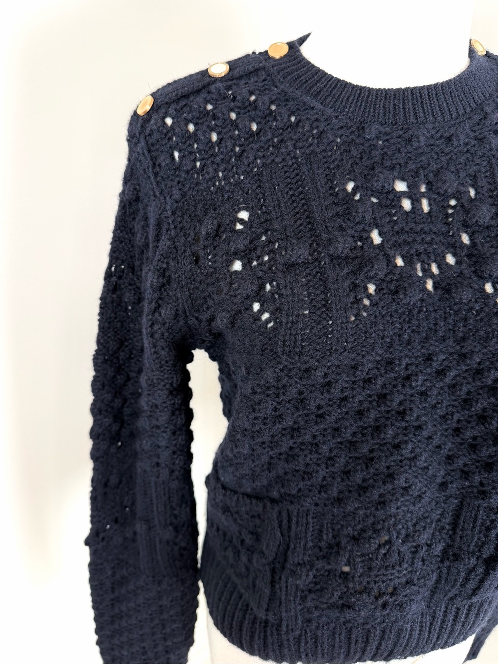 Frame Navy Alpaca Wool Cable-Knit Sweater Gold Button Detail Small NWT $398 MSRP - Picture 7 of 14
